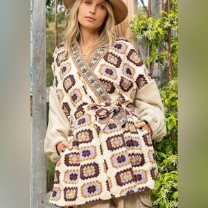 NWOT POL Granny Square Belted Cardigan